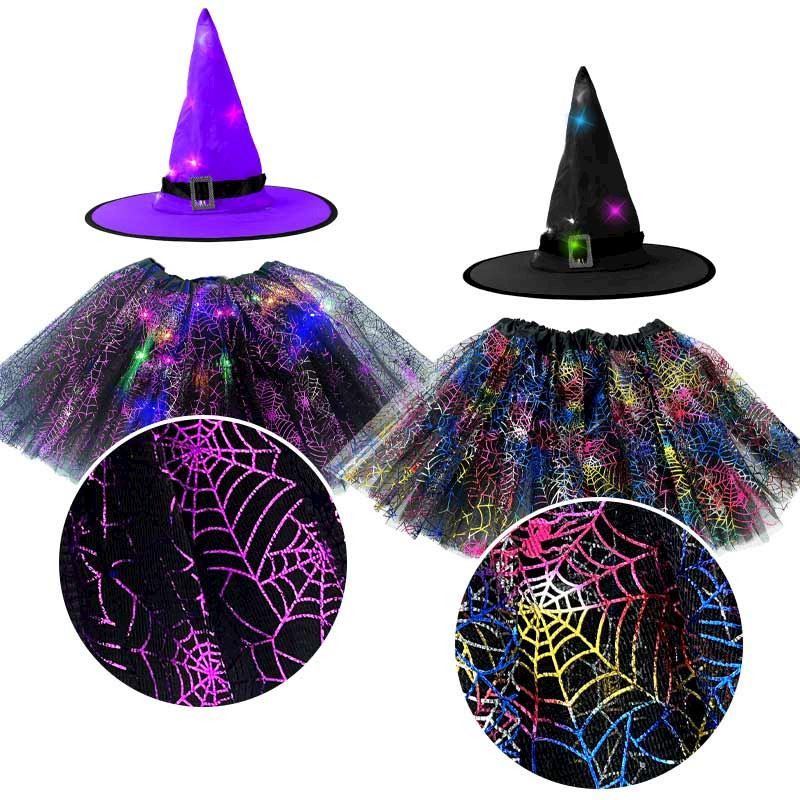 Ensemble costume de sorcière tutu et chapeau LED 2 couleurs assorti. pour Halloween, carnaval et anniversaire