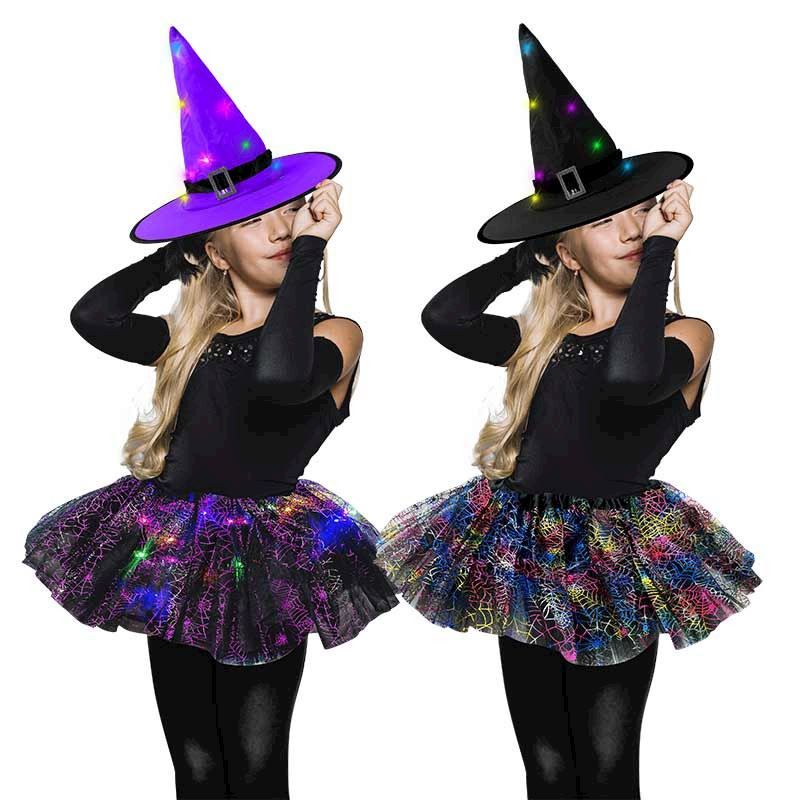 Ensemble costume de sorcière tutu et chapeau LED 2 couleurs assorti. pour Halloween, carnaval et anniversaire