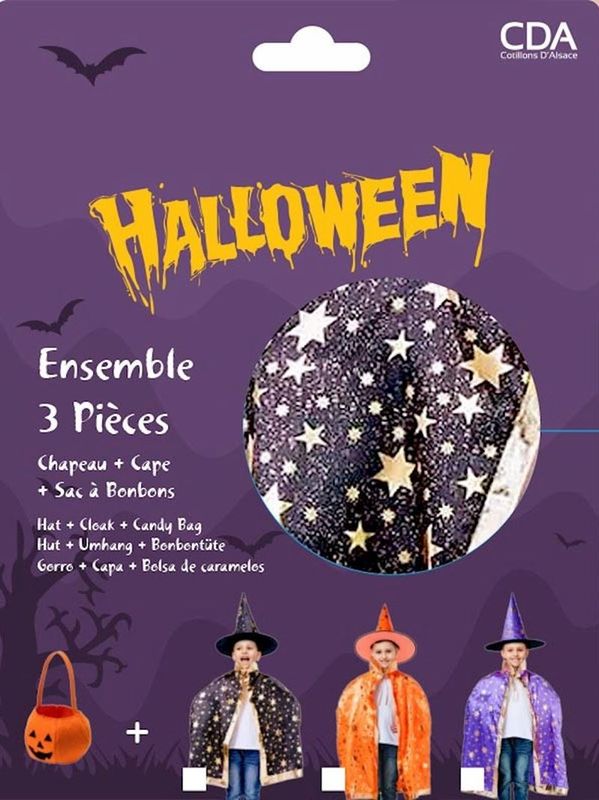 Set costume  sorcière cape, chapeau et sac pour Halloween, carnaval et anniversaire