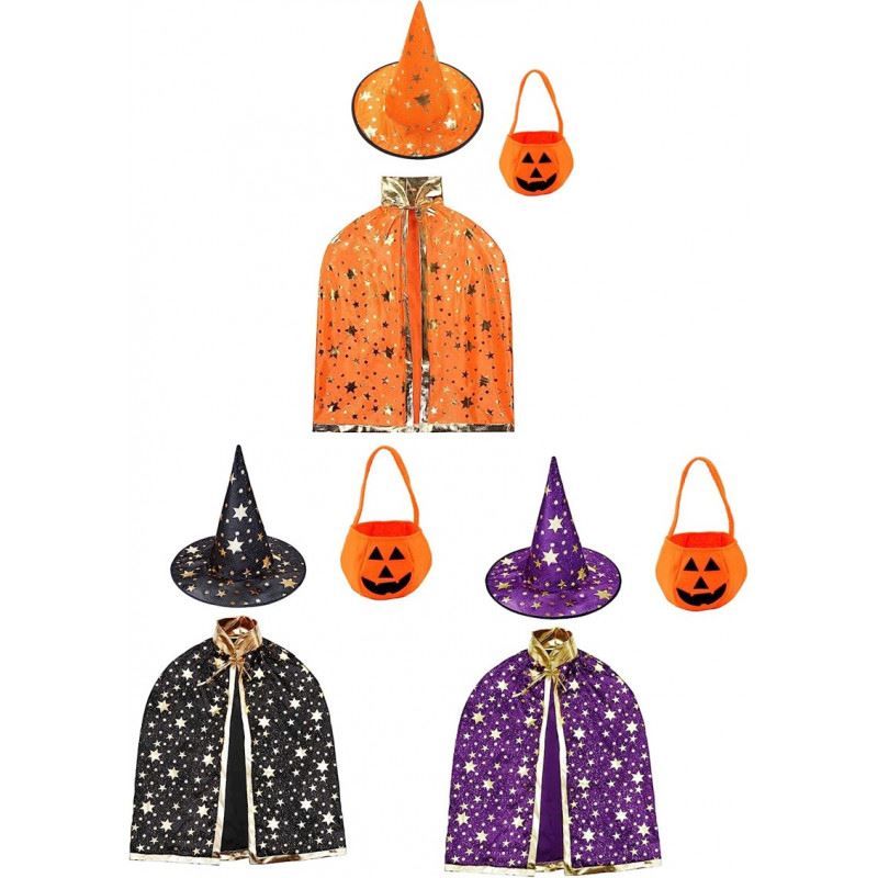 Set costume  sorcière cape, chapeau et sac pour Halloween, carnaval et anniversaire