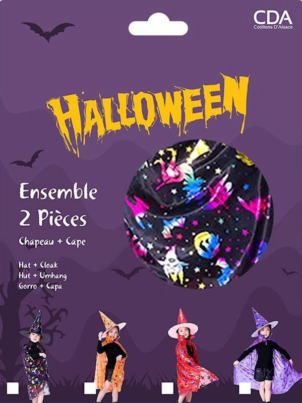Set costume sorcière, cape et chapeau enfant pour Halloween, carnaval et anniversaire