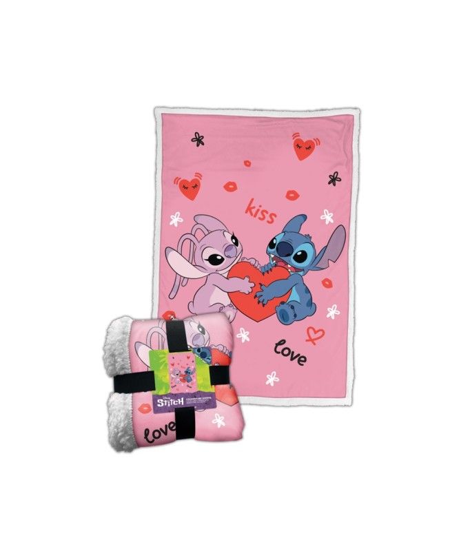 Stitch et Angel couverture rose en polaire avec coeur, love et kiss, Disney