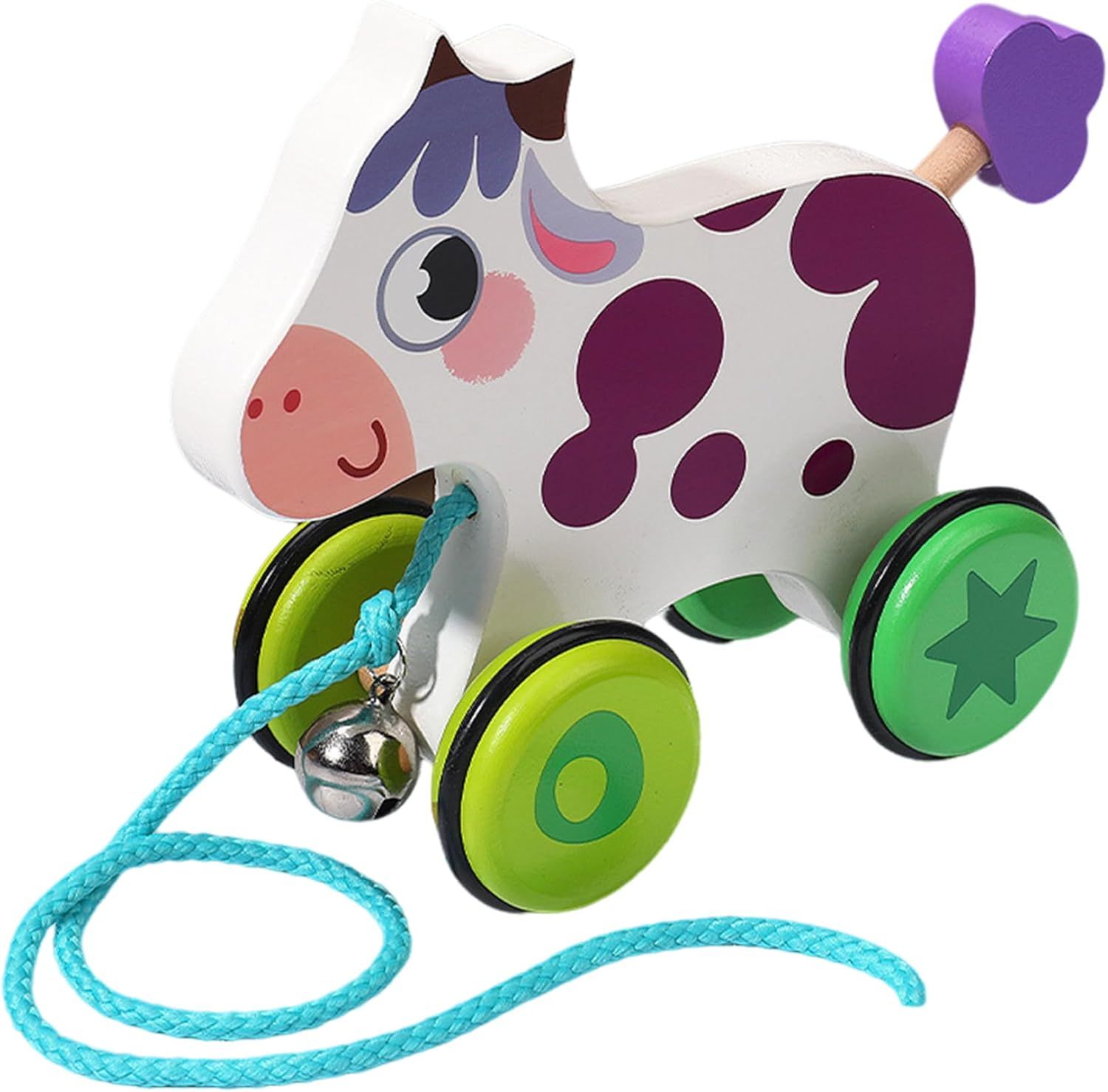 Jouets en bois à tirer pour bébé, en forme de vache avec cloche et roue antidérapante