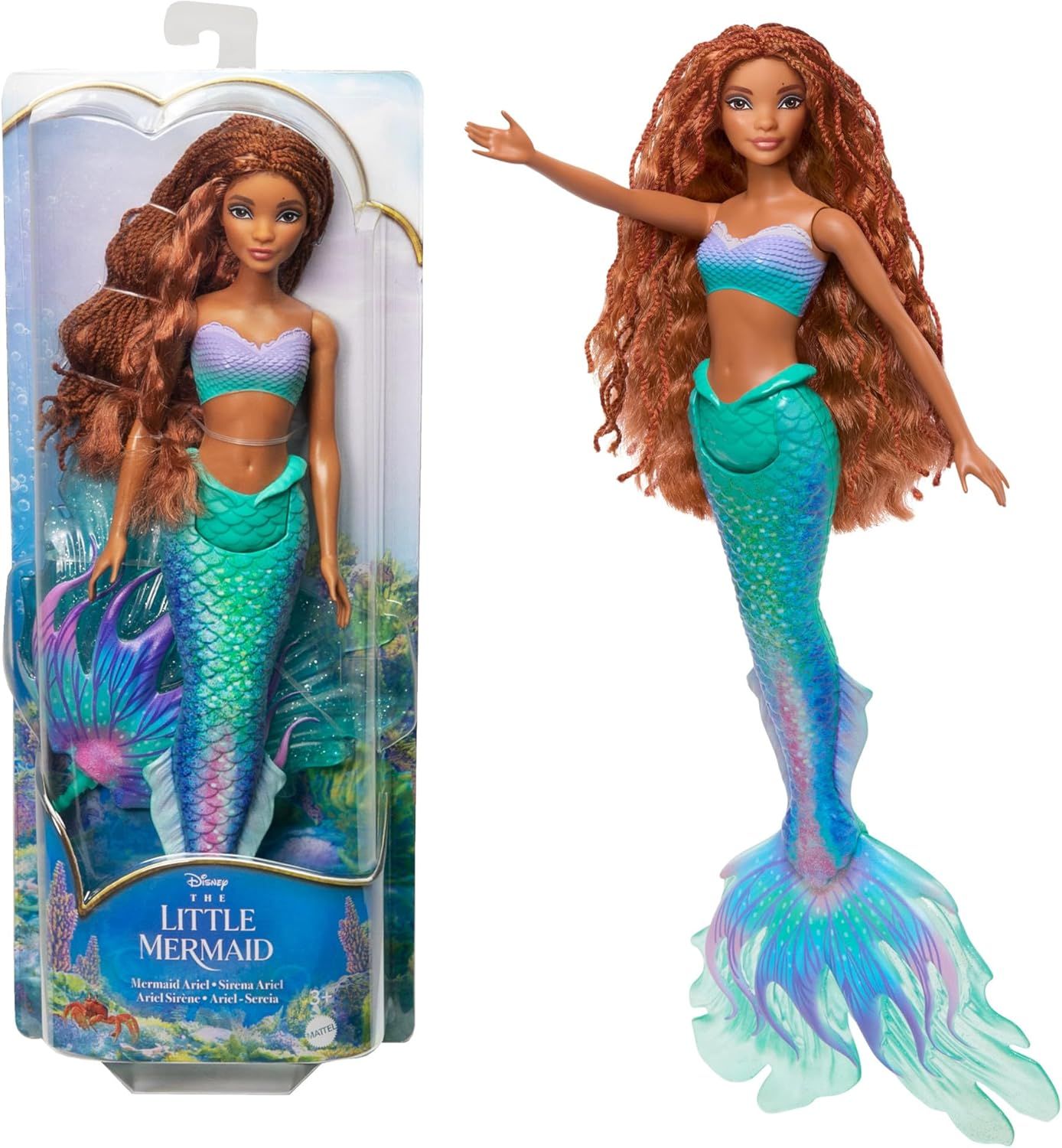 Mattel Princesses Disney Poupée La Petite Sirène Ariel avec tenue Signature, cheveux longs et queue de sirène couleur