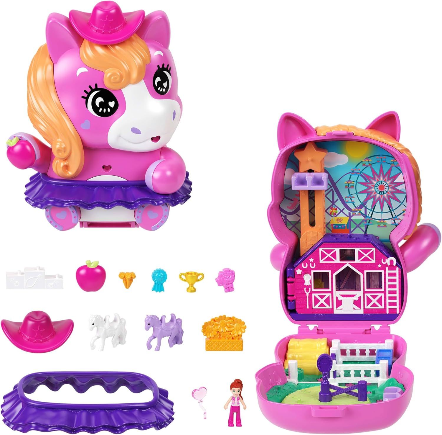 Polly Pocket Coffret Poney Rodéo Jouet de voyage avec 1 mini-figurine, chevaux, nourriture et accessoires de mode, poupée