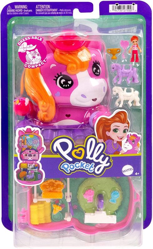 Polly Pocket Coffret Poney Rodéo Jouet de voyage avec 1 mini-figurine, chevaux, nourriture et accessoires de mode, poupée