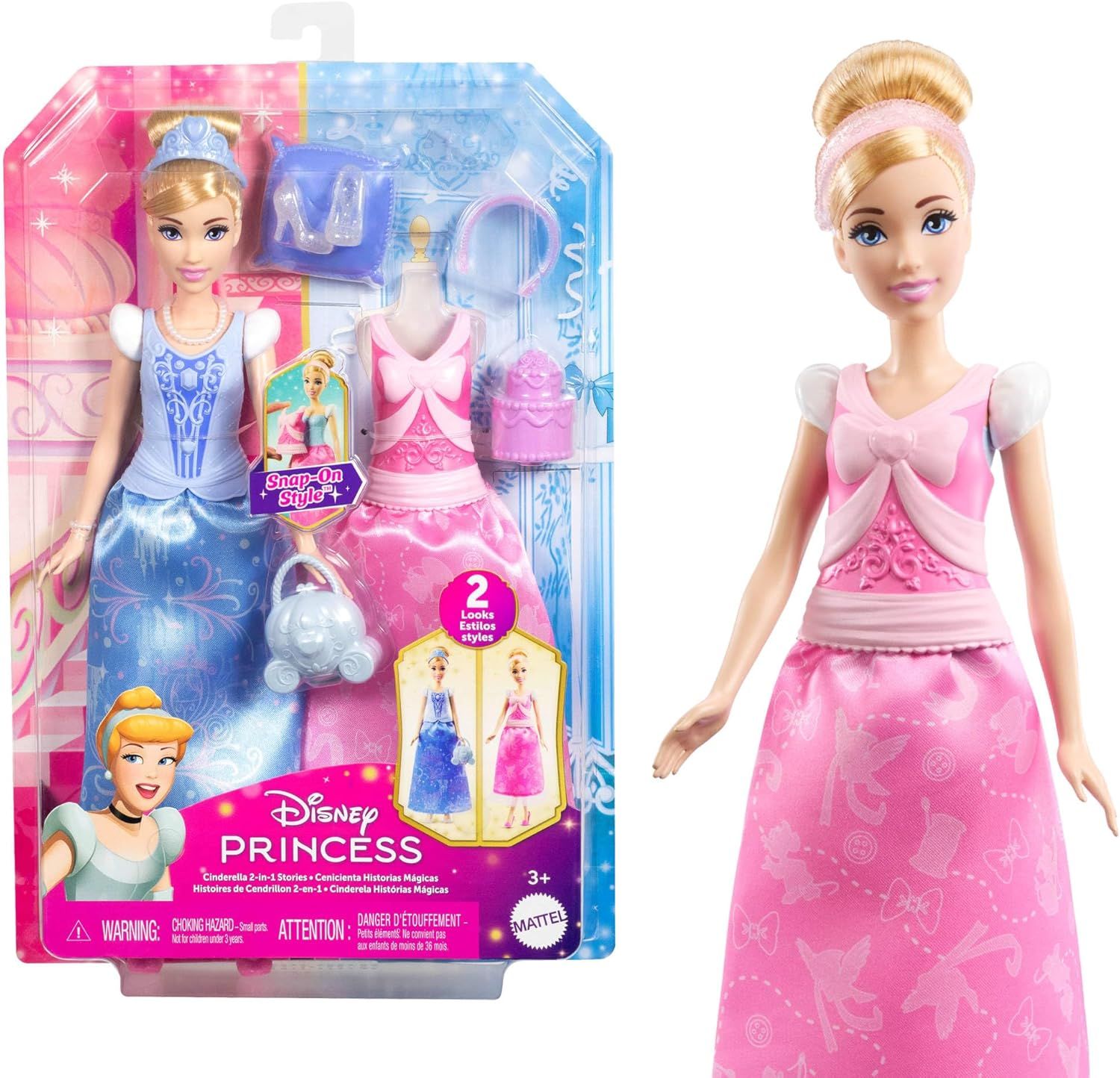 Princesses Disney Poupée Cendrillon et Tenues Coffret 2 en 1 avec 2 tenues, 9 accessoires, 2 corsages à clipser et 2 jupes