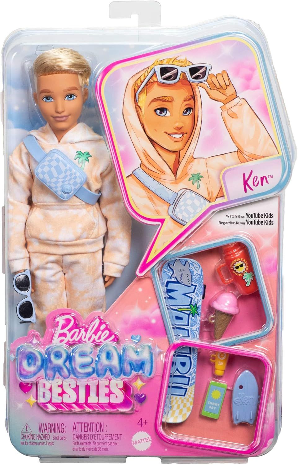 Barbie Poupée Dream Besties Ken, poupée articulée avec Tenue Amovible et Cheveux blonds, 9 éléments sur Le thème de l’été et du Skateboard