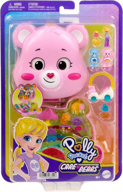 Polly Pocket Coffret Les Bisounours avec figurines, petite voiture et accessoires thématiques, jouet de voyage