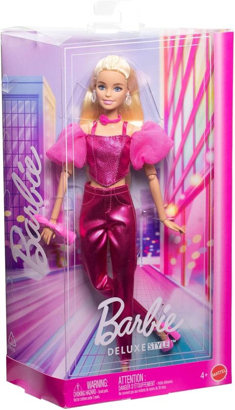 Barbie Poupée Barbie Deluxe Style n° 5 avec tenue rose métallisé, cheveux blonds, haut scintillant de type corset et pantalon brillant, sac à main et collier rose