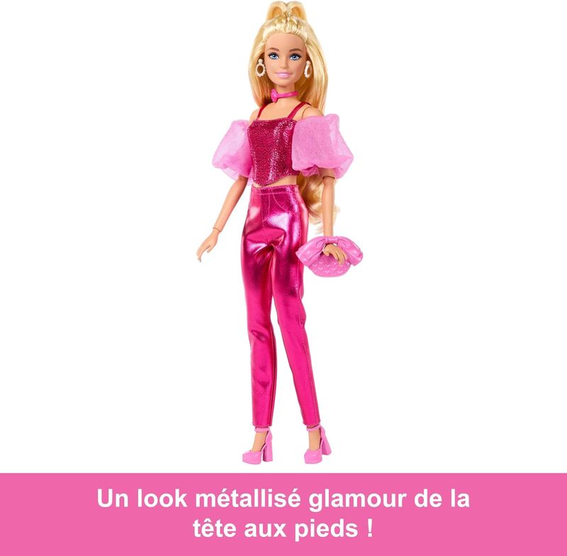 Barbie Poupée Barbie Deluxe Style n° 5 avec tenue rose métallisé, cheveux blonds, haut scintillant de type corset et pantalon brillant, sac à main et collier rose