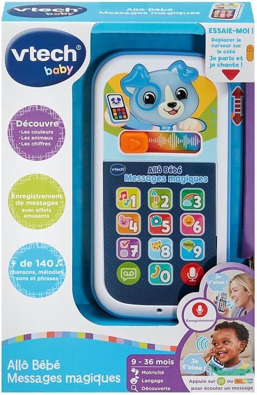 VTech - Allô Bébé Messages Magiques Bleu, Premier Téléphone Interactif, Parlant et Musical avec Enregistreur Vocal, Changeur de Voix et Effets Lumineux
