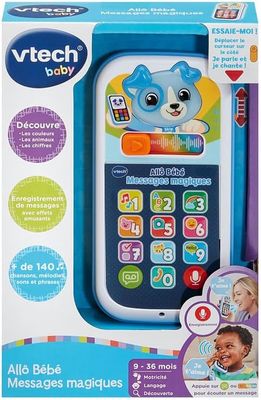 VTech - Allô Bébé Messages Magiques Bleu, Premier Téléphone Interactif, Parlant et Musical avec Enregistreur Vocal, Changeur de Voix et Effets Lumineux