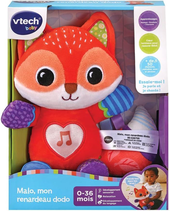 VTech - Malo, Mon Renardeau Dodo, Peluche Renard, Doudou Bébé, Musique Douce et Sons Apaisants