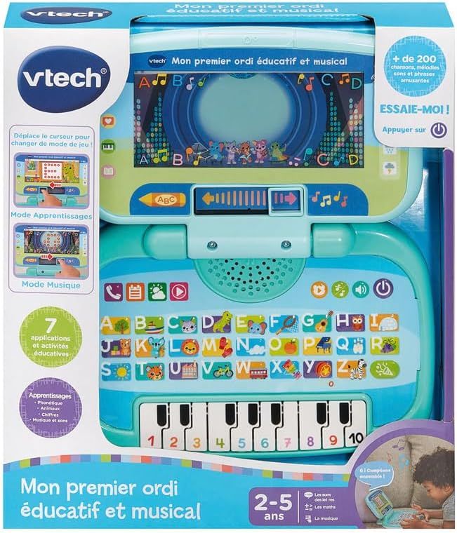 VTech - Mon Premier Ordi Éducatif et Musical, Ordinateur Portable Enfant avec Écran Animé, Clavier ABC, Poignée de Transport et 7 Jeux Éducatifs
