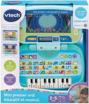 VTech - Mon Premier Ordi Éducatif et Musical, Ordinateur Portable Enfant avec Écran Animé, Clavier ABC, Poignée de Transport et 7 Jeux Éducatifs