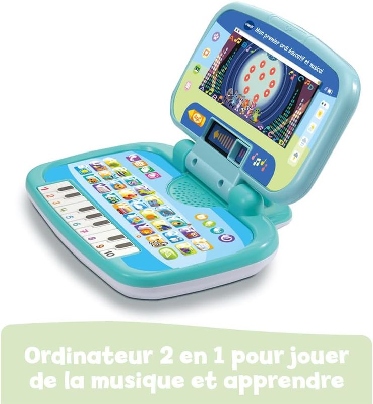 VTech - Mon Premier Ordi Éducatif et Musical, Ordinateur Portable Enfant avec Écran Animé, Clavier ABC, Poignée de Transport et 7 Jeux Éducatifs