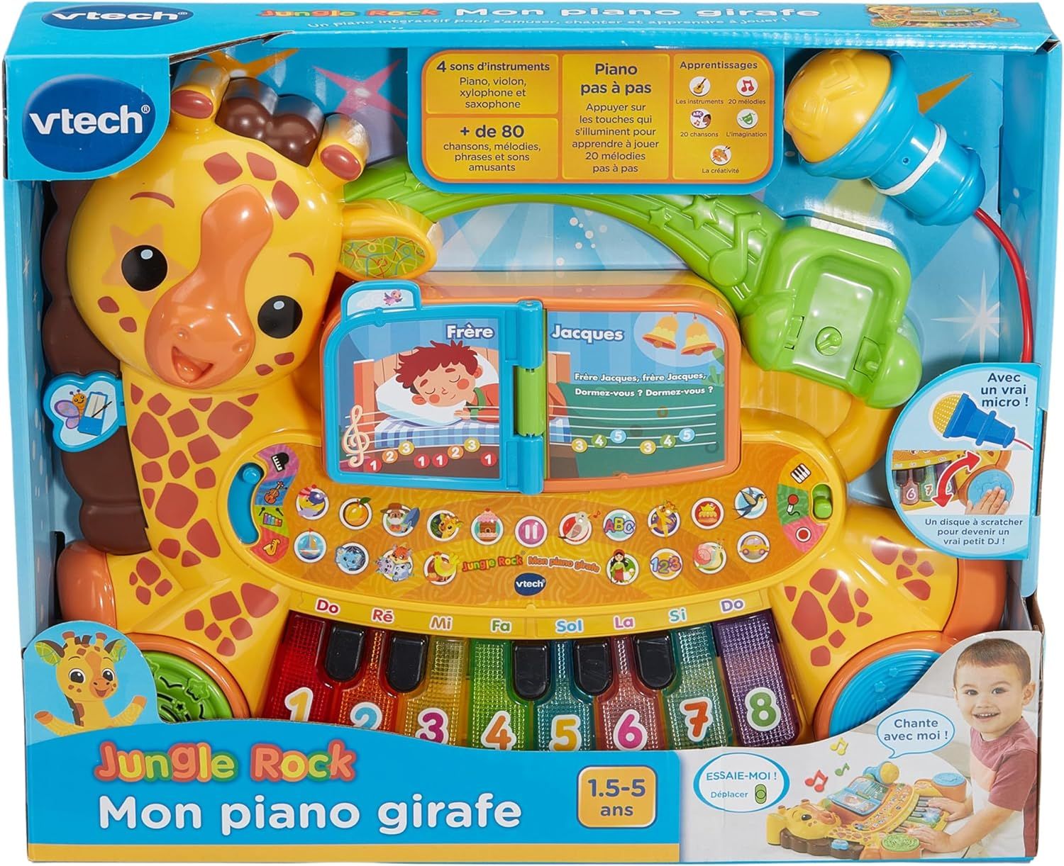 VTech - Mon Piano Girafe Jungle Rock, Instrument de Musique Bébé, Clavier Piano Enfant Parlant et Interactif avec Micro Karaoké