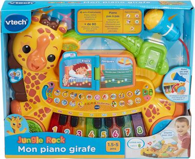 VTech - Mon Piano Girafe Jungle Rock, Instrument de Musique Bébé, Clavier Piano Enfant Parlant et Interactif avec Micro Karaoké