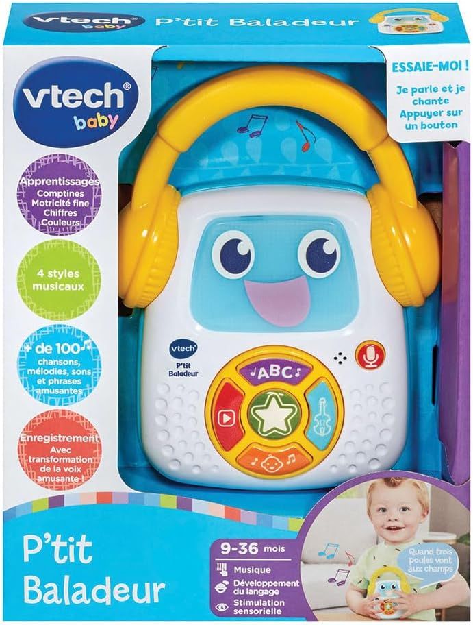 VTech - P&#39;tit Baladeur, Baladeur Musical Bébé, Robot Lumineux et Nomade avec Comptines, Chansons Éducatives, Musiques et Enregistreur Vocal
