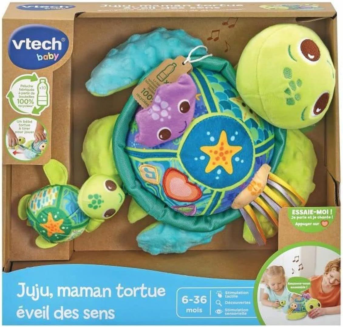 VTech - Juju, Maman Tortue Éveil des Sens, Peluche Bébé Interactive et Sensorielle Fabriquée avec des Matériaux Plus Durables, Jouet d&#39;Éveil Musical