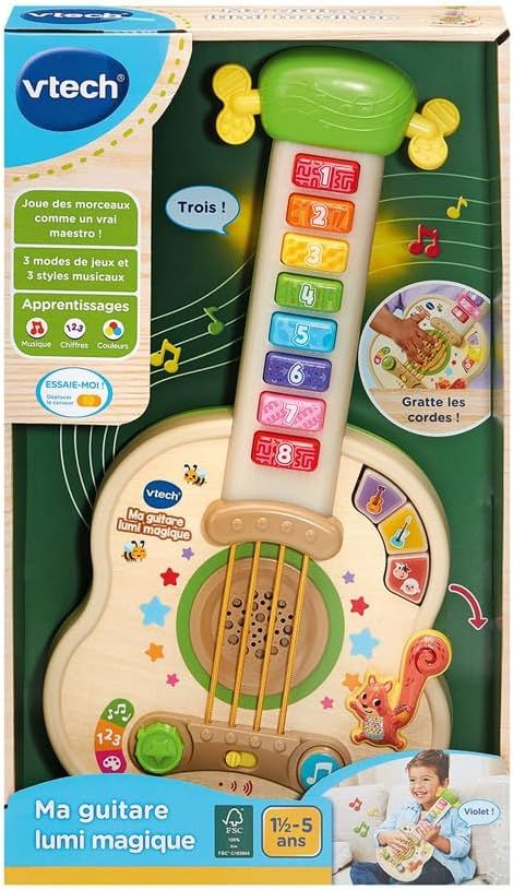 VTech - Ma Guitare Lumi Magique, Instrument de Musique Partiellement en Bois, Guitare Acoustique et Électrique