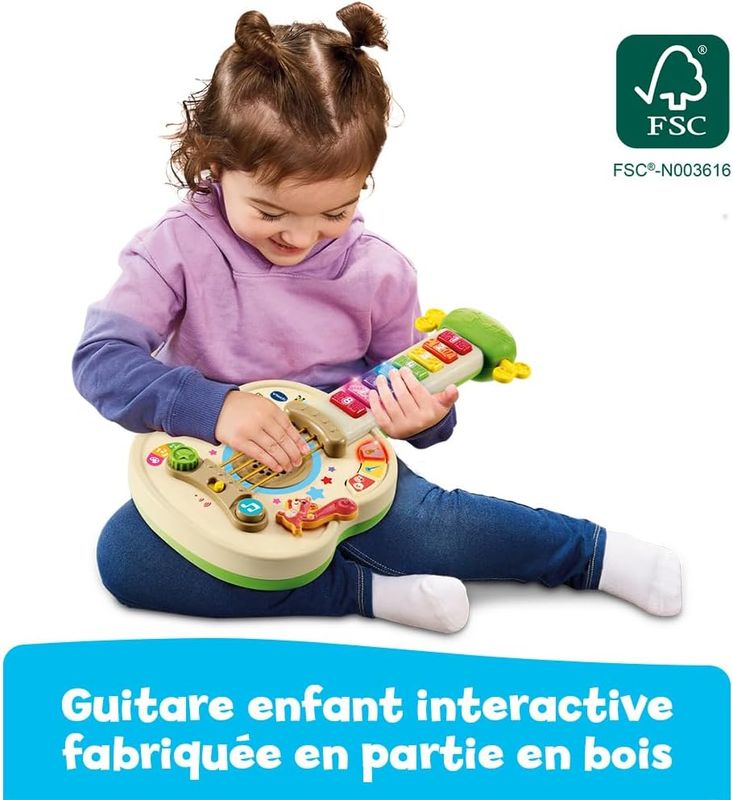 VTech - Ma Guitare Lumi Magique, Instrument de Musique Partiellement en Bois, Guitare Acoustique et Électrique