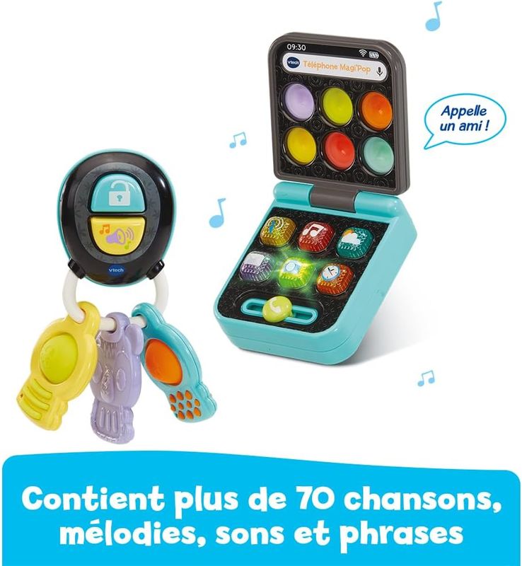 VTech - Téléphone et Clés Magi'Pop, Coffret Bébé Duo, Téléphone Flip Jouet Interactif et Hochet Clefs avec Bip Voiture et Jouet de Dentition