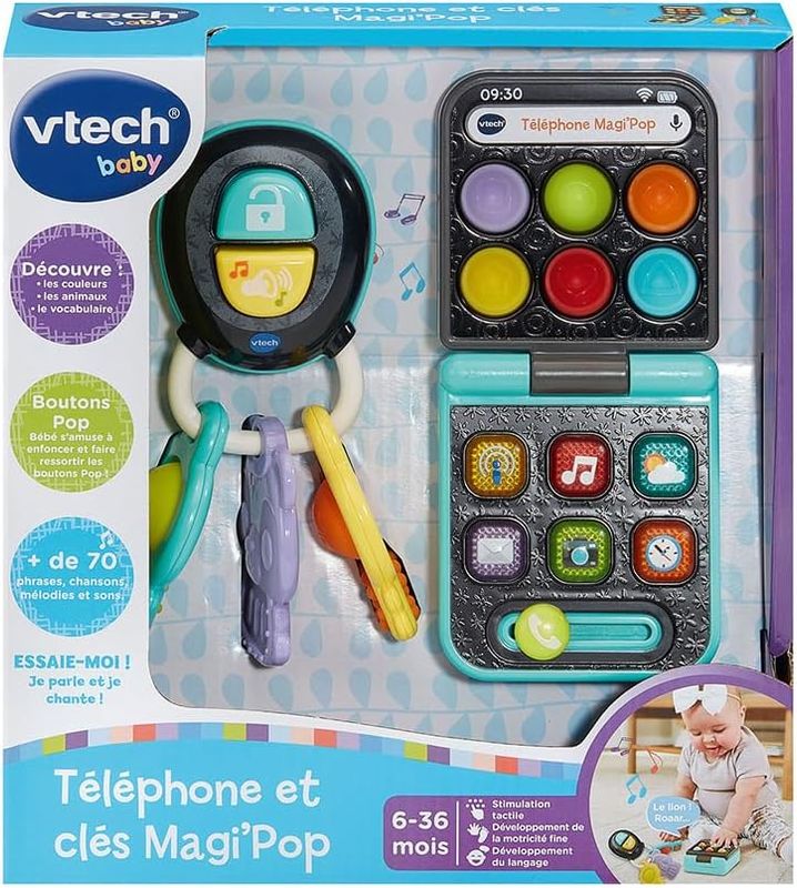 VTech - Téléphone et Clés Magi'Pop, Coffret Bébé Duo, Téléphone Flip Jouet Interactif et Hochet Clefs avec Bip Voiture et Jouet de Dentition