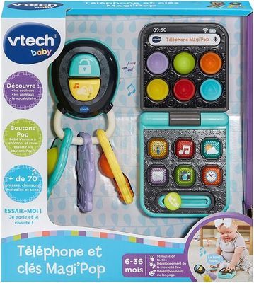 VTech - Téléphone et Clés Magi&#39;Pop, Coffret Bébé Duo, Téléphone Flip Jouet Interactif et Hochet Clefs avec Bip Voiture et Jouet de Dentition