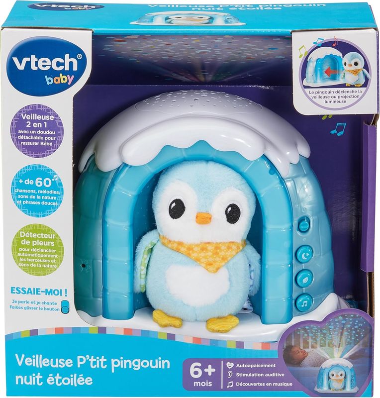 VTech - Veilleuse P’tit Pingouin Nuit Étoilée, Igloo Veilleuse Bébé Musicale, Projection Lumineuse au Plafond