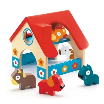 Djeco Minifarm, ferme en bois avec chien, chat, cheval, vache et poule