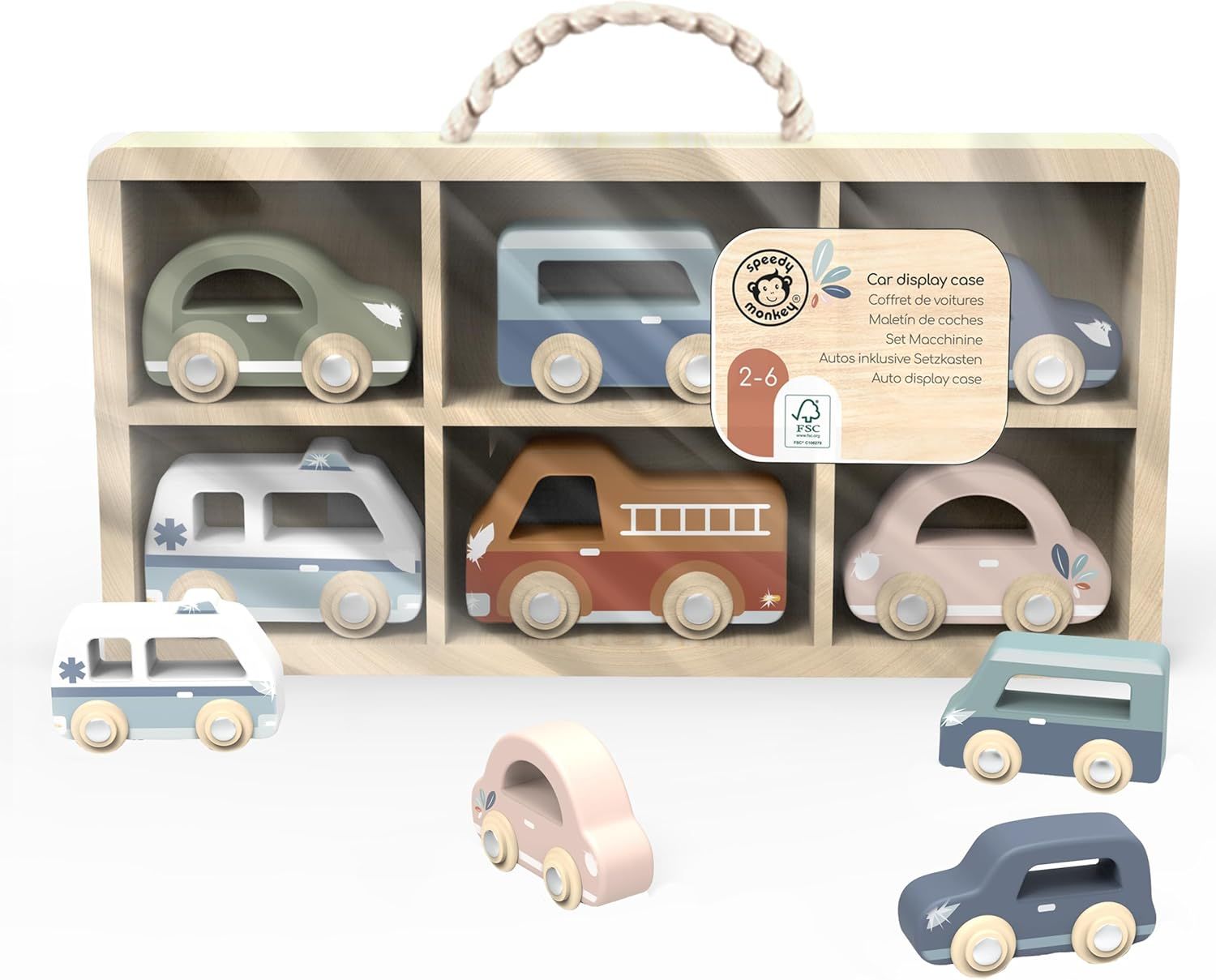 SPEEDY MONKEY Lot de 6 Voitures avec boîte de Rangement - 29,6 x 3,5 x 16 cm - Jouet en Bois