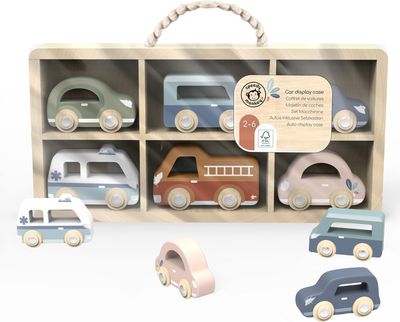SPEEDY MONKEY Lot de 6 Voitures avec boîte de Rangement - 29,6 x 3,5 x 16 cm - Jouet en Bois