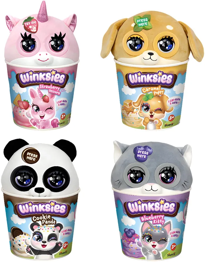 Winksies assorti par 4 animal en peluche, 20x17x30 cm, piles 3xAA inclus,  dès 3 ans, chien, chat, panda et licorne