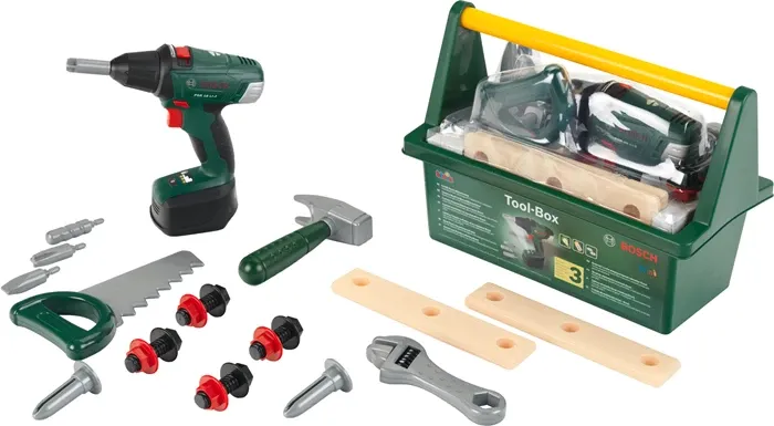 Bosch caisse à outils 30x16x22 cm, avec perceuse, plastique très résistant, piles 3xAA exclu. dès 3 ans