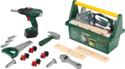 Bosch caisse à outils 30x16x22 cm, avec perceuse, plastique très résistant, piles 3xAA exclu. dès 3 ans