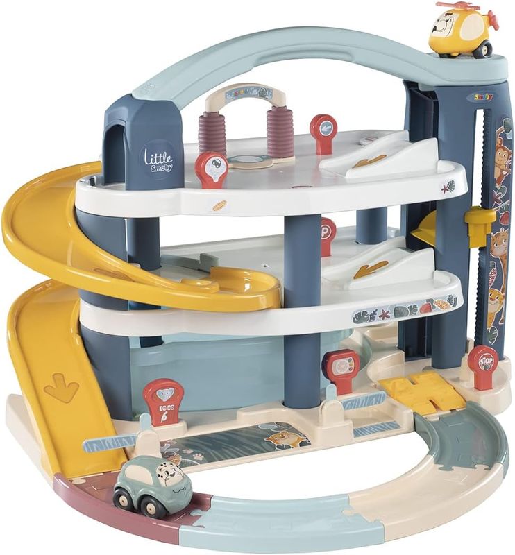 Smoby Little Grand Garage - 3 Niveaux - Voiture et Hélicoptère Inclus - Méga Rampe, Pompe à Essence, Héliport et Autres Accessoires - A Partir de 18 Mois - Fabrication Française