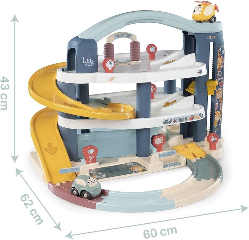 Smoby Little Grand Garage - 3 Niveaux - Voiture et Hélicoptère Inclus - Méga Rampe, Pompe à Essence, Héliport et Autres Accessoires - A Partir de 18 Mois - Fabrication Française