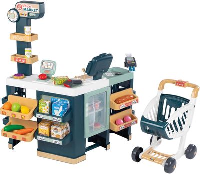 Smoby - Maxi Market - Supermarché pour Enfant - Chariot, Etagères, Boites, Légumes, Fruits - Zone Réfrigérée - Nombreux Accessoires - A Partir de 3 Ans - Fabrication Française