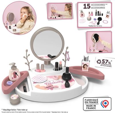 Smoby - My Beauty Studio - Coiffure, Onglerie, Maquillage Factice - Miroir Amovible - Tiroirs Rotatifs - 15 Accessoires - Matière Recyclée - A Partir de 3 Ans - Fabrication Française