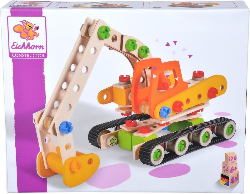 Eichhorn Constructor Pelle à chenilles en Bois Polyvalente, 170 Composants, 4 Structures différentes, 100% Bois de hêtre certifié FSC, fabriqué en Allemagne