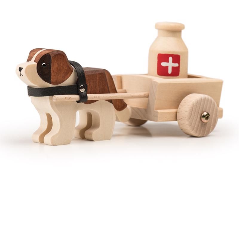 Trauffer Chien Saint-Bernard Barry avec chariot et boille en bois, avec croix Suisse