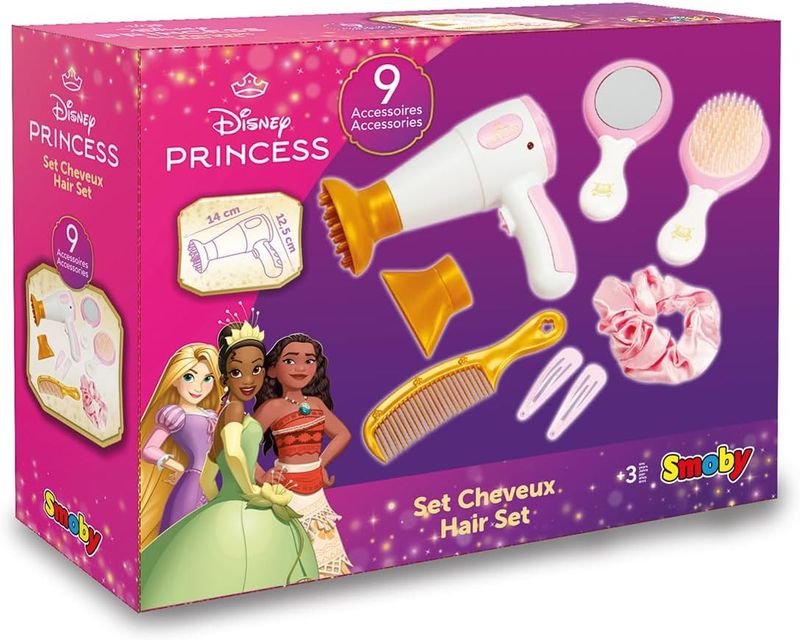 Smoby - Disney Princesses - Hair Set - Set de Coiffure - Jouet d'Imitation - 9 Accessoires - Fonctions Lumineuses et Sonores - A Partir de 3 Ans