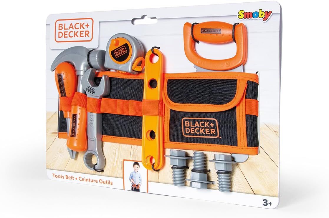 Smoby - Black+Decker - Ceinture Outils - Sangle Réglable - 14 Accessoires - Scie, Tournevis, Clé Mixte, Mètre à Ruban, Vis, Réglettes, Ecrous - A Partir de 3 Ans