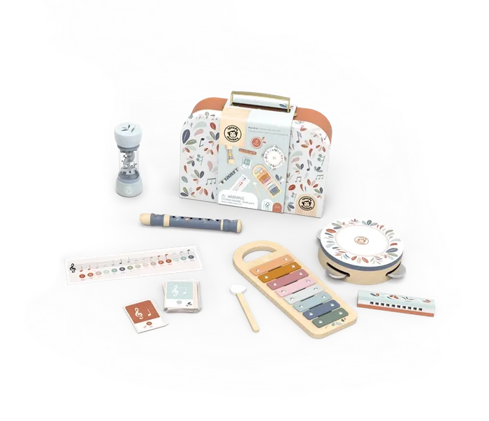 Speedy Monkey set musicale avec 5 instruments en bois dans une valise, xylo., tambour. bâton pluie, flûte et harmonica