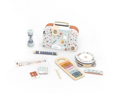 Speedy Monkey set musicale avec 5 instruments en bois dans une valise, xylo., tambour. bâton pluie, flûte et harmonica