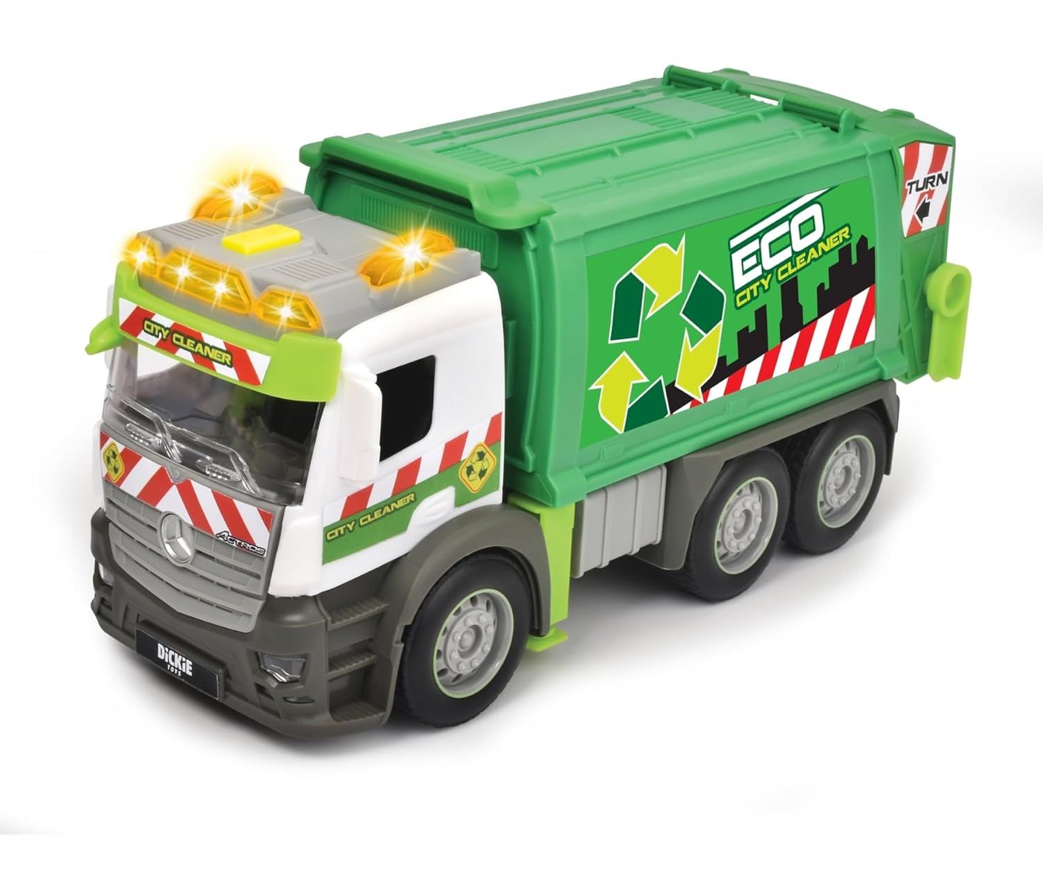 Dickie Toys Action Truck - Camion Poubelle avec Poubelle, avec Son et lumière d'avertissement, Fonction de Chargement et de décharge