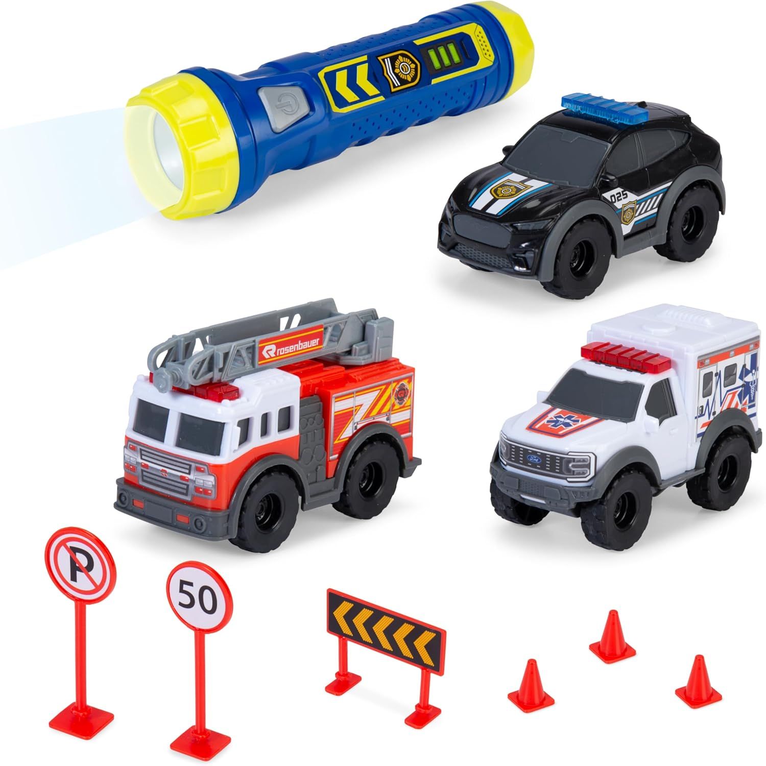 Dickie Toys - Kit de Voiture Jouet Micro SOS – 3 Voitures avec Roue Libre (Police, Pompiers et ambulances) avec Lampe de Poche et Accessoires de Jeu