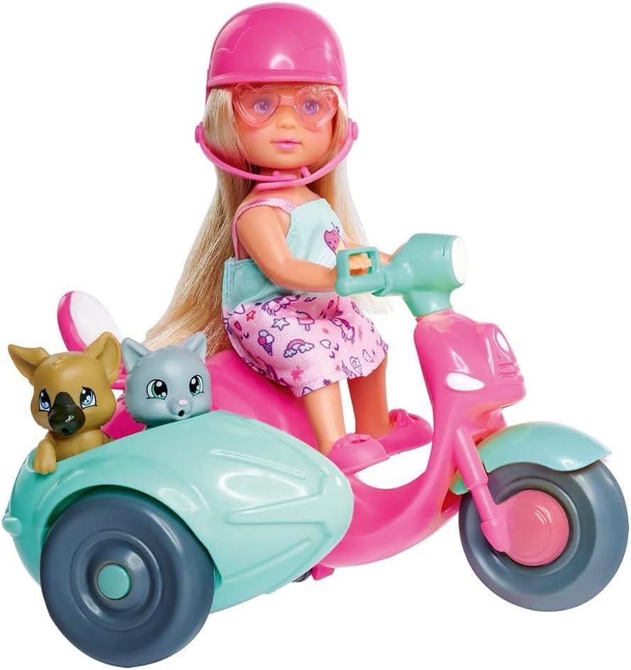 Evi Love Scooter et Amis - Mini Poupée 12cm - 2 Figurines Chat et Chien - Casque Inclus